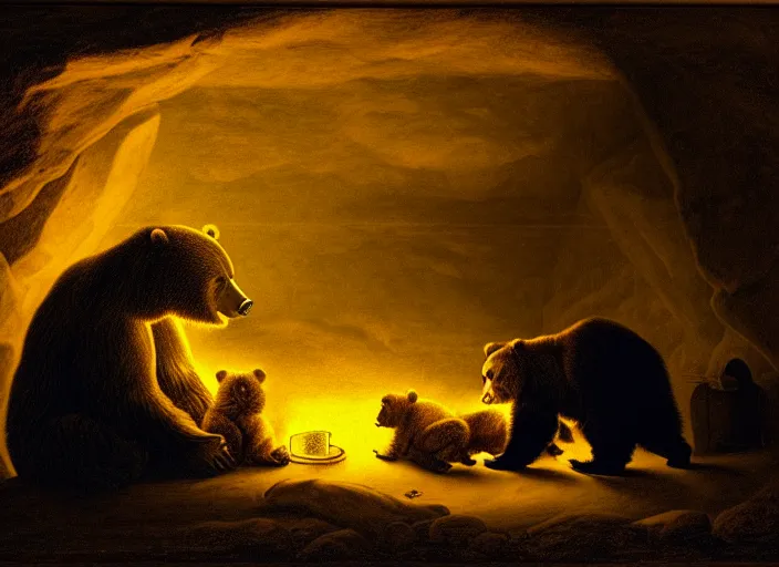 Prompt: Pieter Claesz's 'a bear and her cub sleeping in a dark cave, lit by campfire', night time, cross hatching, backlit, beautiful wooden frame, the colours of the sunset, vibrant