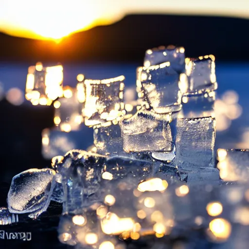 Prompt: a detailed macro shot of ice during sunset in iceland