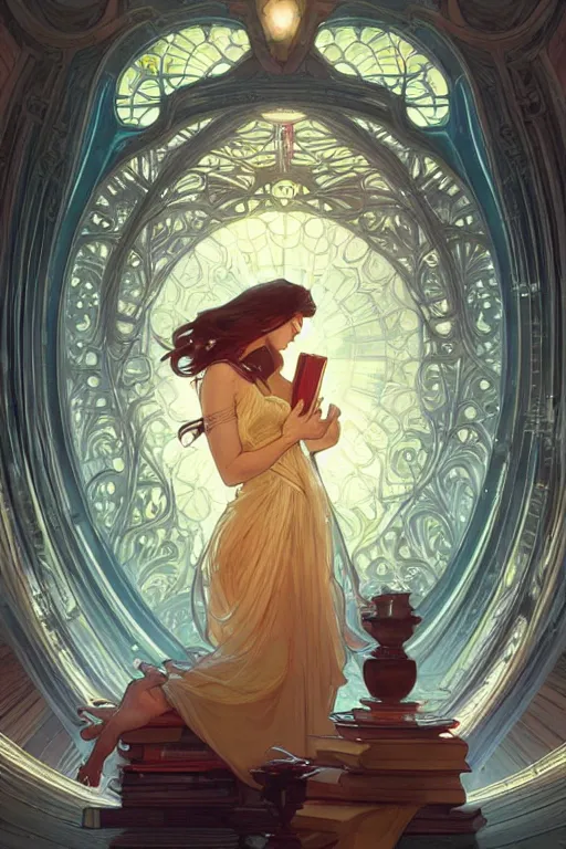 Prompt: a man and women in love, flowing book pages, i've met you thousands of times in thousands of stories, romantic, glowing neon, infinite library, elegant intricate digital painting artstation concept art smooth sharp focus illustration, art by artgerm and greg rutkowski and alphonse mucha