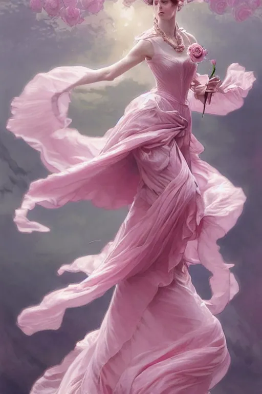 Prompt: beautiful woman dressed in a vaporous wrapped large victorian pink roses silk semi-transparent dress fashion is running, D&D, fantasy, intricate, elegant, highly detailed, digital painting, artstation, concept art, matte, sharp focus, illustration, art by Artgerm and Greg Rutkowski and Alphonse Mucha, trending on deviantart