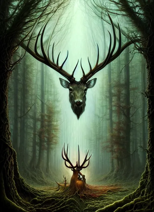 Image similar to spirit of nature with antlers in a scenic dystopian forest environment, intricate, elegant, highly detailed, centered, digital painting, artstation, concept art, smooth, sharp focus, illustration, artgerm, tomasz alen kopera, peter mohrbacher, donato giancola, joseph christian leyendecker, wlop, boris vallejo