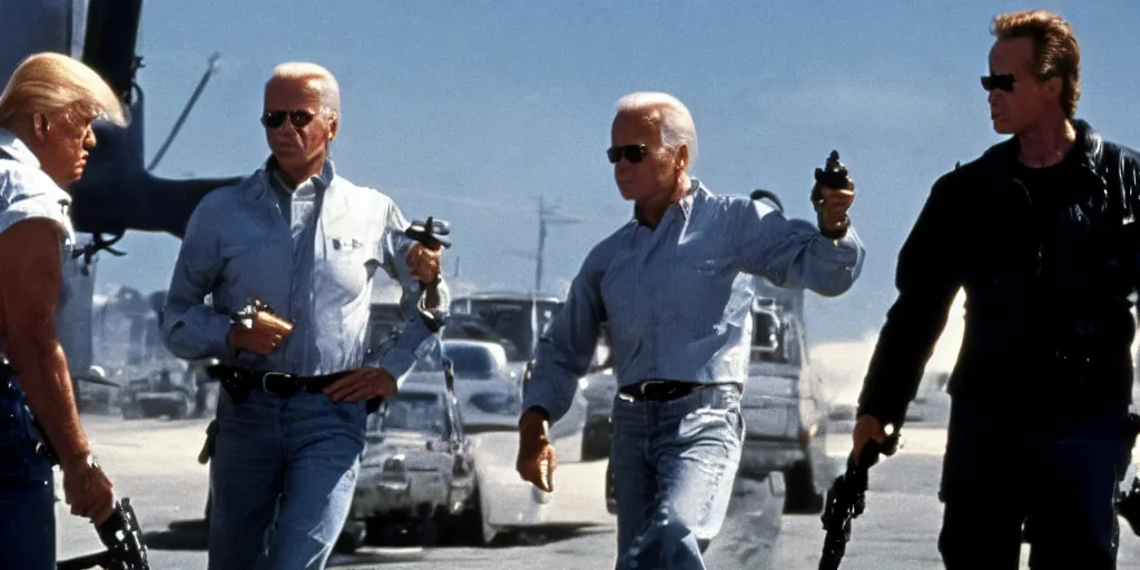 Image similar to joe biden in the terminator shooting terminator donald trump, cinematic, establishing shot, two characters facing each other, extremely high detail, photorealistic, cinematic lighting, James Cameron