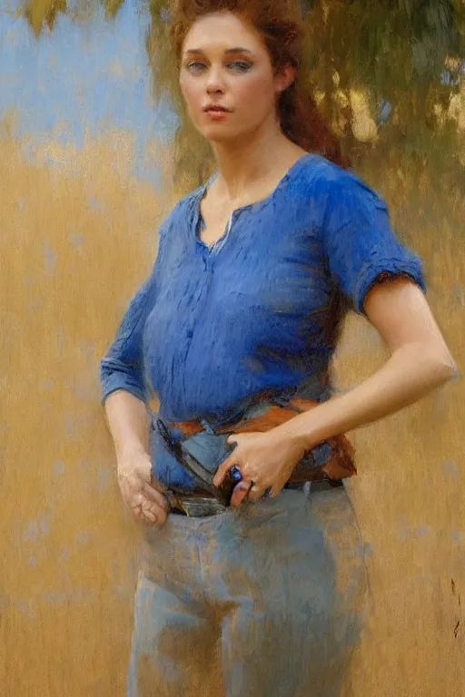 Image similar to a woman in a blue shirt, painting by Gaston Bussiere, Craig Mullins