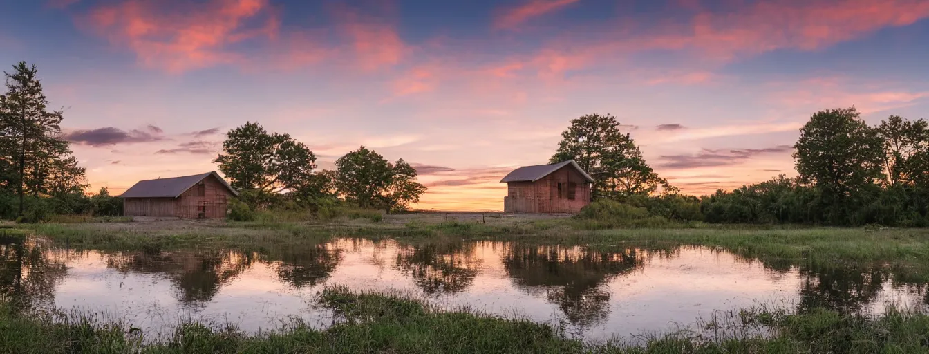 Image similar to a serene landscape with a singular building near a lake at sunset, 8k, low saturation, high quality, high detail