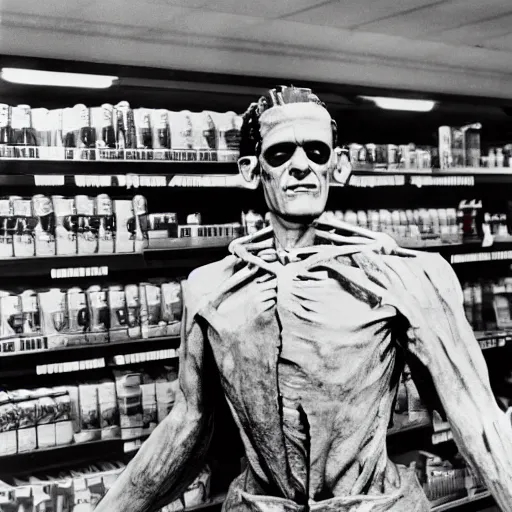 Image similar to foto of frankenstein in the grocery store, restored color, 4 k