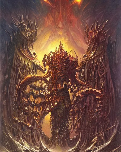 Image similar to biomechanical warhammer final boss creature vecna, art by bruce pennington and peter mohrbacher