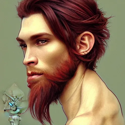 Image similar to portrait of a monkey with a humanoid face, male, handsome, masculine, full body, red hair, long hair, soft hair, fantasy, intricate, elegant, highly detailed, suit, coffee shop, digital painting, artstation, concept art, character art, smooth, sharp focus, illustration, art by artgerm and greg rutkowski and alphonse mucha