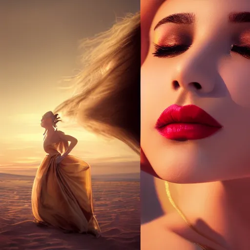 Image similar to woman love woman, sweet hugs, royal dress, gold trim, atmoshperic, elegant, sharp focus, sand sea, red sun, huge lips, close - up, by 3 8 0 light & color female reference pictures, trending on artstation, intricate details