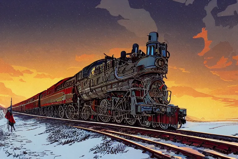 Image similar to trans - siberian express train illustration by joe fenton and syd mead and p. craig russell and barry windsor - smith, artstation, 4 k, graphic novel, concept art, matte painting, beautiful russian winter landscape sunset background, golden hour, art nouveau