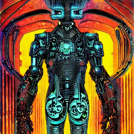 Image similar to cybernetic anomaly by Philippe Druillet, bright tones