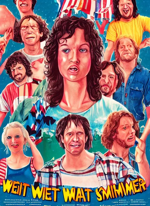 Image similar to wet hot american summer ( 2 0 0 1 ), poster art by sarah louisa kilpack, behance contest winner, american realism, poster art, movie poster, concert poster