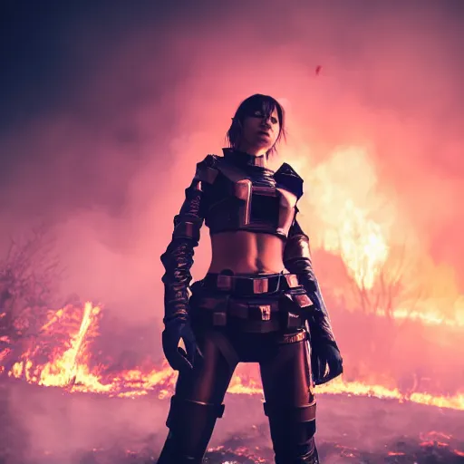 Prompt: beautiful android girl in full battle gear in a destroyed city, surrounded by fire, ground fog, moody lighting, 8 k, shallow depth of field, cinematic lighting,