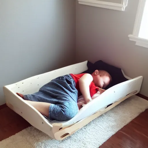 Image similar to kratos sleeping in kid sized bed