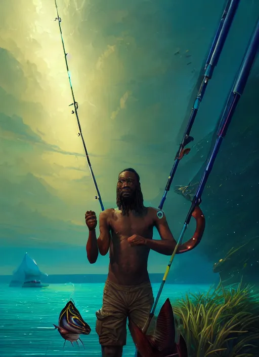 Image similar to portrait of a male jamaican fisherman sci - fi glowing fishing armor fishing rod cyberpunk muscular intricate elegant highly detailed digital painting artstation concept art, ocean background, reggae colors, cinematic, greg rutkowski, loish, rhads, ferdinand knab, makoto shinkai and lois van baarle, ilya kuvshinov, rossdraws, tom bagshaw