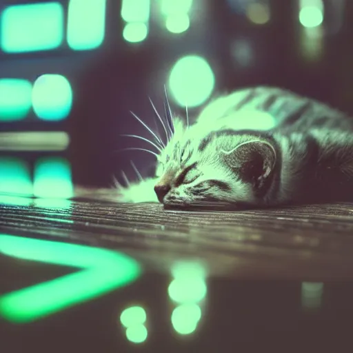 Image similar to little cat sleeping in a cyberpunk world, hyper realistic, realistic, neon