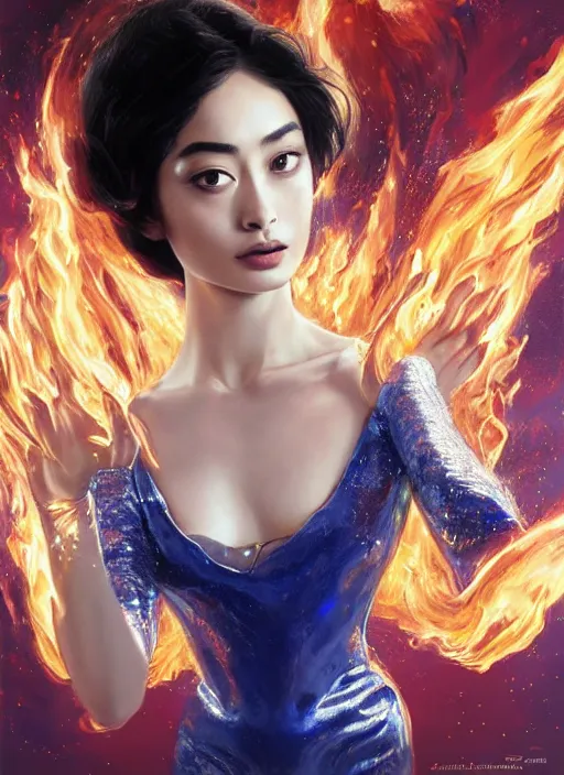 Image similar to portrait of ravishing Italian high-end expensive Goddess Suzu Hirose unleashing a devastating multiversal blazing fireball, wearing futuristic luxurious white and little royal blue suit, captivating, beautiful look, face anatomy, surreal and allegorical, octane render, art by Karol Bak, Karol bak pastiche by Peter Mohrbacher