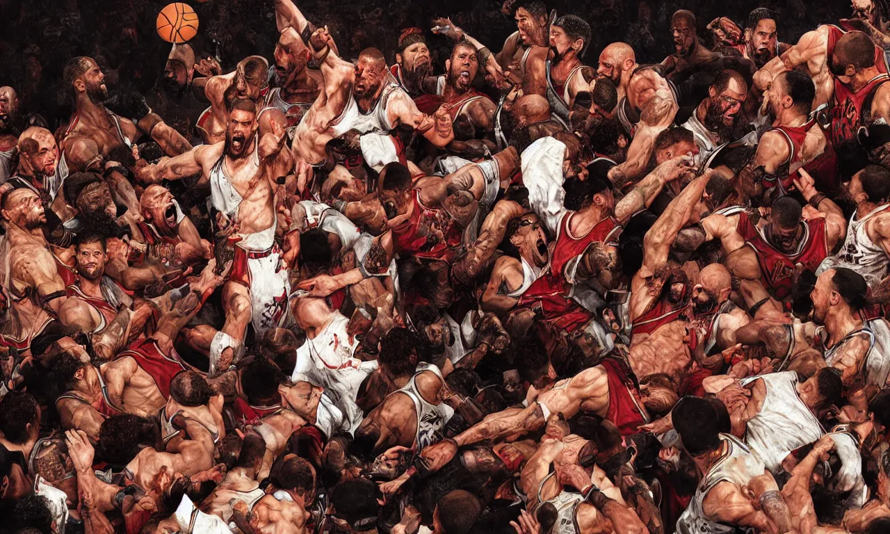 Image similar to a detailed digital art rendition of kratos as lebron james throwing basketballs in a mosh pit, art by norman rockwell