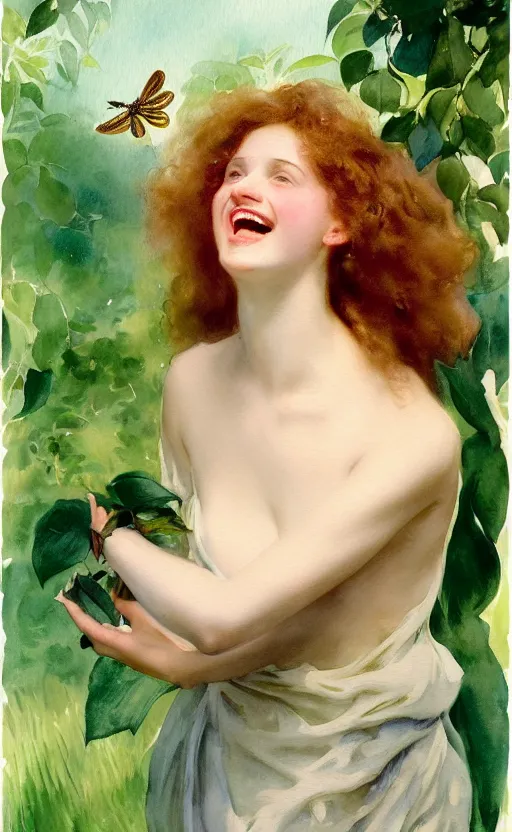 Image similar to the face of a young woman with marble complexion, angelic features, dancing curls around her face, her head raised in rapture, laughing, symmetrical eyes, watercolor by john singer sargent, background lush vegetation, insects and birds, 8 k uhd