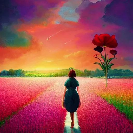 Image similar to giant flower as a head, girl walking in flower field, surreal photography, sunrise, dramatic light, impressionist painting, colorful clouds, digital painting, artstation, simon stalenhag