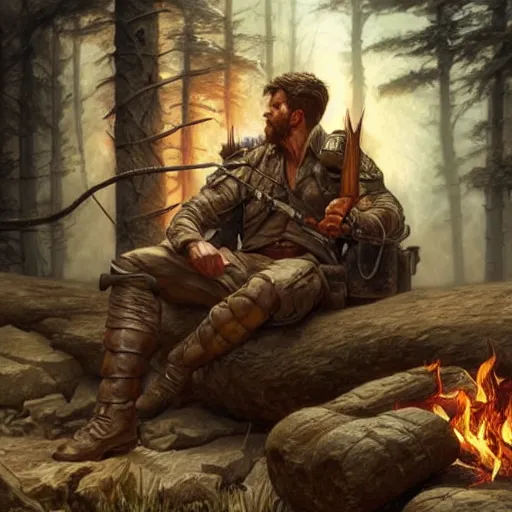 Prompt: Rugged male ranger relaxing by the fire, relaxed, D&D, muscular, upper body, fantasy, intricate, elegant, highly detailed, digital painting, artstation, concept art, smooth, sharp focus, illustration, art by artgerm and greg rutkowski and alphonse mucha