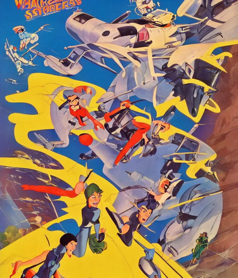 Image similar to Hannah Barbera cartoons of Five Star Stories as Whacky Races, promotional poster super detailed , xpensive production, realistic style, gouache colors, Hollywood retro cartoon poster, golden era of animation work