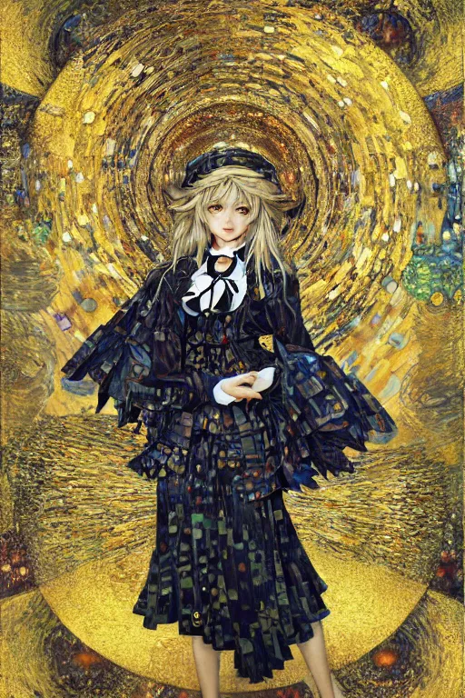 Prompt: Kirisame Marisa from touhou, official artwork, by Karol Bak, Jean Deville, Gustav Klimt, and Vincent Van Gogh, Surreality, otherworldly, fractal structures, arcane, ornate gilded medieval icon, spirals