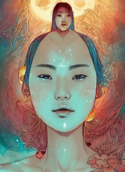 Image similar to lee jin - eun in luxurious dress emerging from turquoise water in egyptian pyramid city during an eclipse by james jean, conrad roset, m. k. kaluta, martine johanna, rule of thirds, elegant look, beautiful, chic, face anatomy, cute complexion