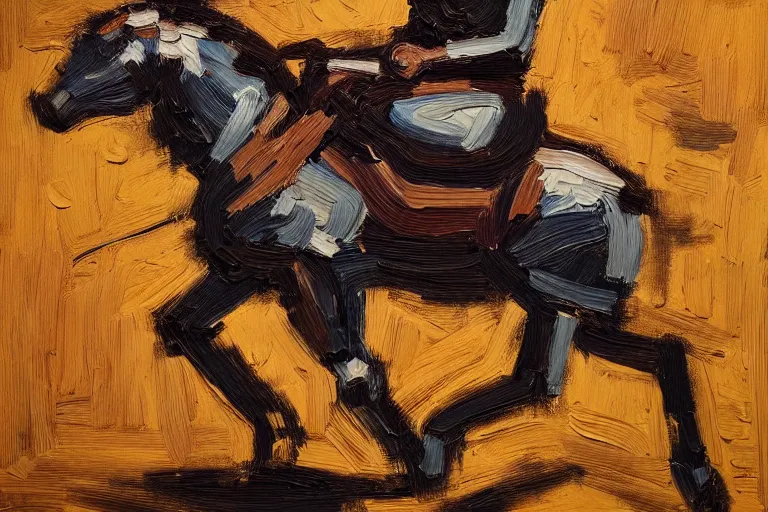 Image similar to an extremely detailed full body masterpiece painting of a cowboy gunslinger from a low angle sitting on his horse, in the style of frank auerbach, epic scene, tensive mood and action, muted colors
