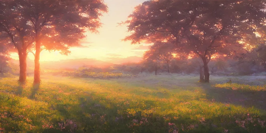 Prompt: an extraordinarily beautiful oil painting of a landscape in spring during sunrise ; the most beautiful painting in the world ; by makoto shinkai