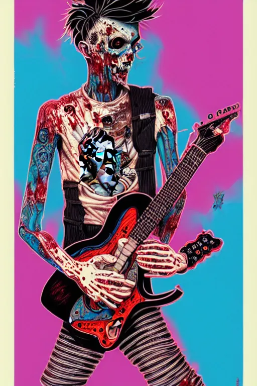 Image similar to risograph of a punk zombie playing guitar, tristan eaton, victo ngai, artgerm, rhads, ross draws, intricated details