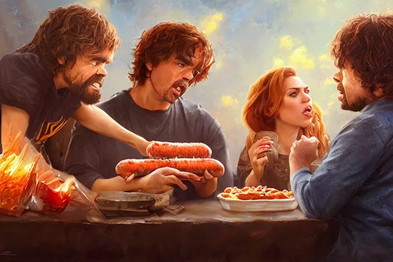 Image similar to portrait of peter dinklage sharing hotdogs with scarlett johansson, an oil painting by ross tran and thomas kincade