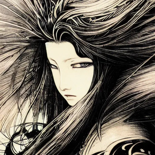 Image similar to yoshitaka amano blurred and dreamy illustration of an anime girl with black eyes, wavy white hair fluttering in the wind wearing elden ring armor and engraving, abstract black and white patterns on the background, noisy film grain effect, highly detailed, renaissance oil painting, weird portrait angle, blurred lost edges, three quarter view