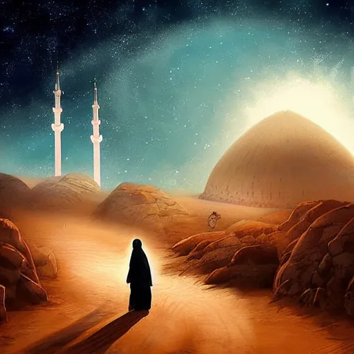 Prompt: bedouin towards a mosque while surrounded by nebula clouds, digital art, trending on artstation
