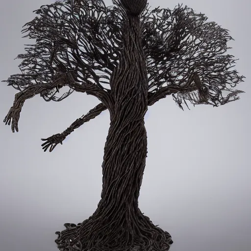 Image similar to a human man statue encased by a cosmic tree, a sense of awe, amazement, monogon, plasma display, wooden, silver, mercury, damascus, armature wire, multiscopy, morph, in a symbolic and meaningful style, insanely detailed and intricate, hypermaximalist, elegant, ornate, hyper realistic, super detailed,