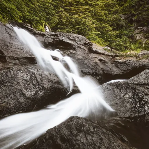 Prompt: A waterfall flowing over a cliff into a rocky cove below, detailed, sharp focus, dynamic lighting, 100mm lens by Alyn Spiller and Alayna Danner