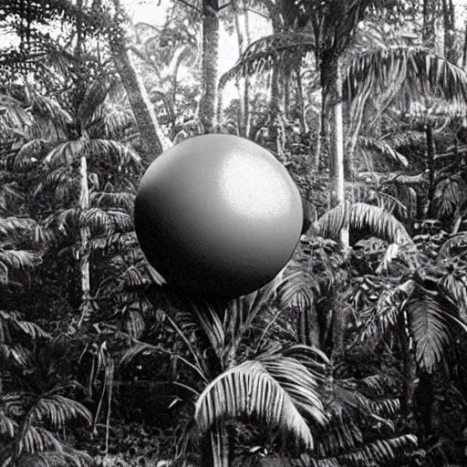 Image similar to a rizom lost film footage of a ( ( ( ( ( ( ( ( sphere ) ) ) ) ) ) ) in the middle of the tropical jungle / tribalism!!!!! / film still / cinematic / enhanced / 1 9 2 0 s / black and white / grain