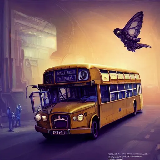 Image similar to realistic render portrait of an bus flying through space, money is flying out of the bus' windows, intricate, sci-fi, extremely detailed, digital painting, sculpted in zbrush, artstation, concept art, smooth, sharp focus, illustration, chiaroscuro lighting, golden ratio, incredible art by artgerm and greg rutkowski and alphonse mucha and simon stalenhag