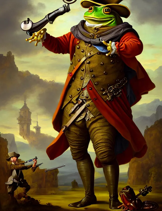 Image similar to anthropomorphic bipedal frog that is dressed as a medieval worker, and dual wielding revolver pistols, as a baroque oil painting and d & d character art, by alexander roslin, standing, fullbody, floating bubbles, enlightenment, mystic, concept art, award - winning, extremely detailed, sharp focus