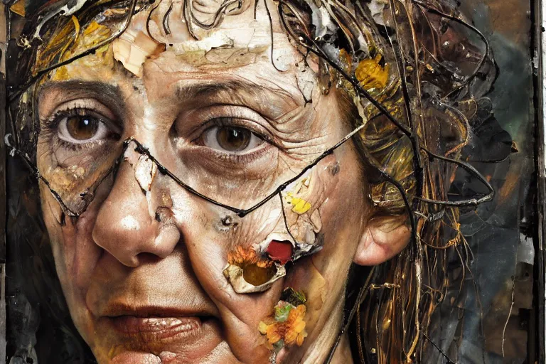 Prompt: an extreme close up portrait a very ordinary middle-aged woman with a calm expression, front angle, by Anselm Kiefer and Lucian Freud and Jenny Saville, oil painting, rust, Scaffolding, rusted metal and sunflowers, iron cladding, decay, mixed media, textured, anatomically correct, beautiful perfect face, visible brushstrokes, sharp focus, Highly Detailed, Cinematic Lighting, 8k, HD