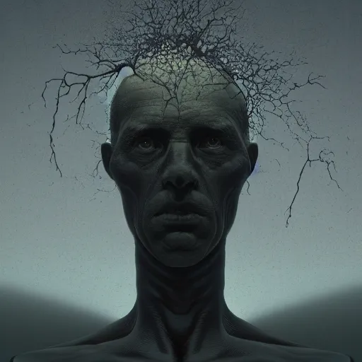 Prompt: A Black background 3d portrait of a man with an exploding head by Zdzisław Beksiński and Simon Stålenhag,In style of digital illustration art,Ray tracing,hyper detailed,sharp focus,4k