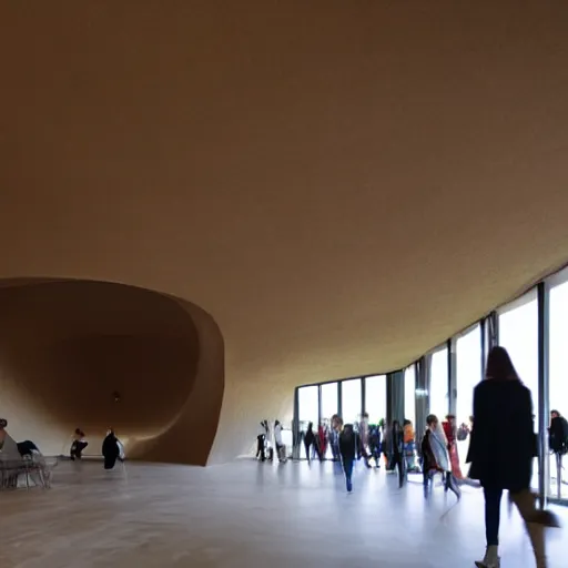 Image similar to indoor photo of a complex cultural building made of 3 d printed rammed earth, people walking