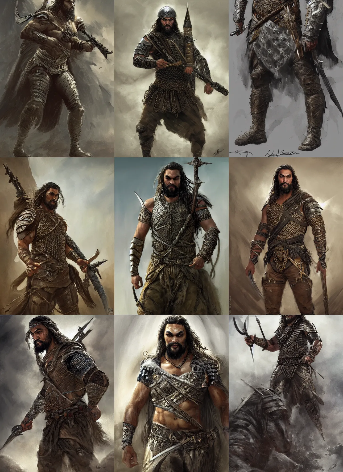 Prompt: jason momoa as arabian soldier, medieval, front view, intricate, highly detailed, digital painting, concept art, sharp focus, illustration, aleksi briclot, rutkowski