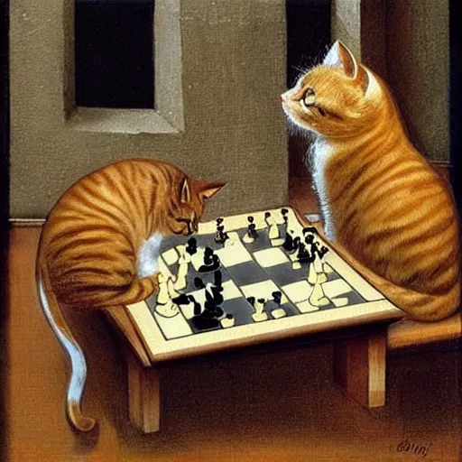 Image similar to two cats playing chess, in the style of Da Vinci