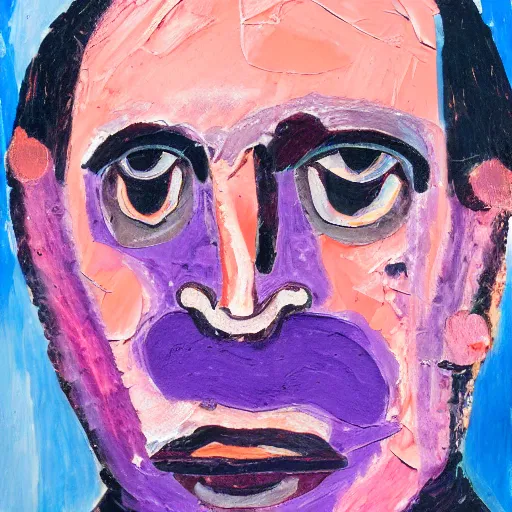 Prompt: an expressionism face portrait of a man used with Impasto, dark blues purples and pinks, detailed