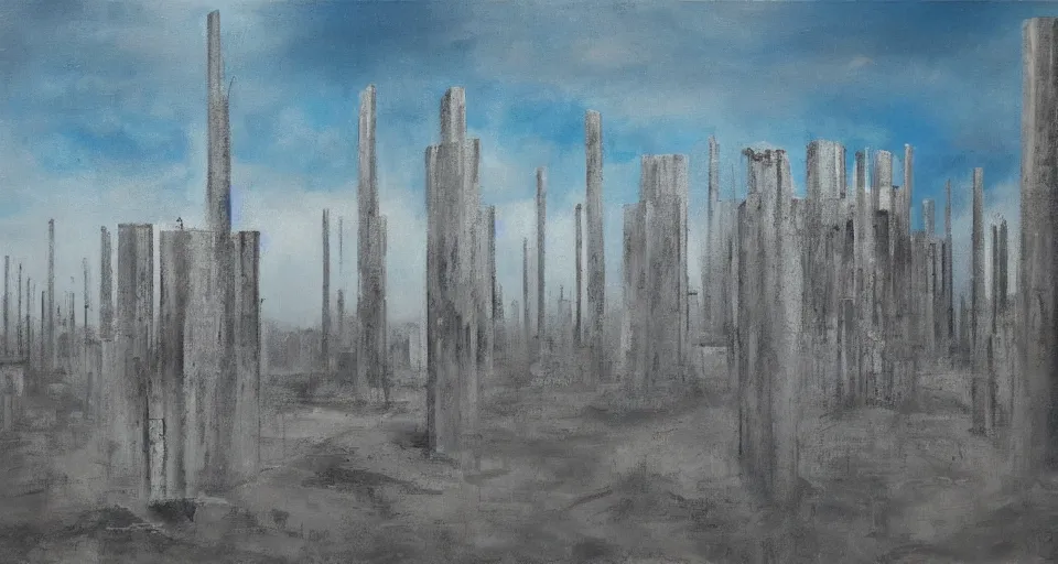 Prompt: world of only concrete, a flat endless plane of concrete covered in thin, very tall concrete pillars that go on to the horizon, vegetation retaking the world, open sky, blue sky with clouds, god rays, beautiful painting, oil on canvas, by Ewa Czarniecka, award winning masterpiece,