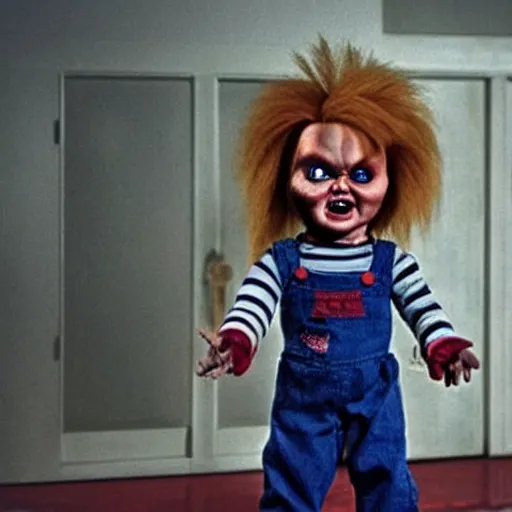 Image similar to chucky the killer doll standing in a room full of creepy evil killer dolls