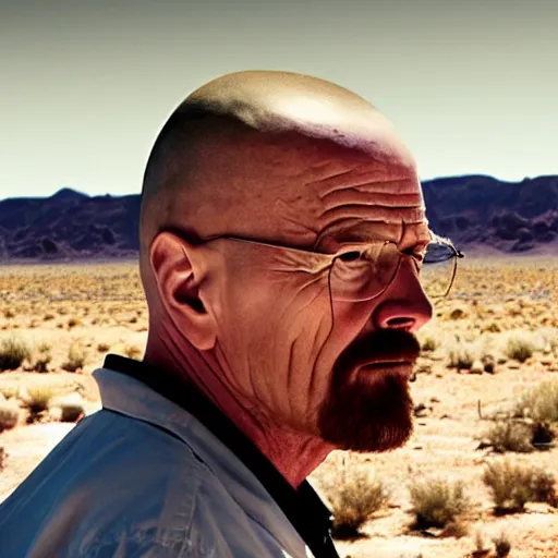 Image similar to breaking bad still frame of a close - up shot of walter white shocked, desert background, breaking bad