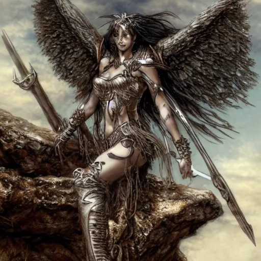 Prompt: a valkyrie standing triumphantly atop a pile of bones by luis royo, epic fantasy, soft details, illustration, album cover, HD, trending on artstation, intricate