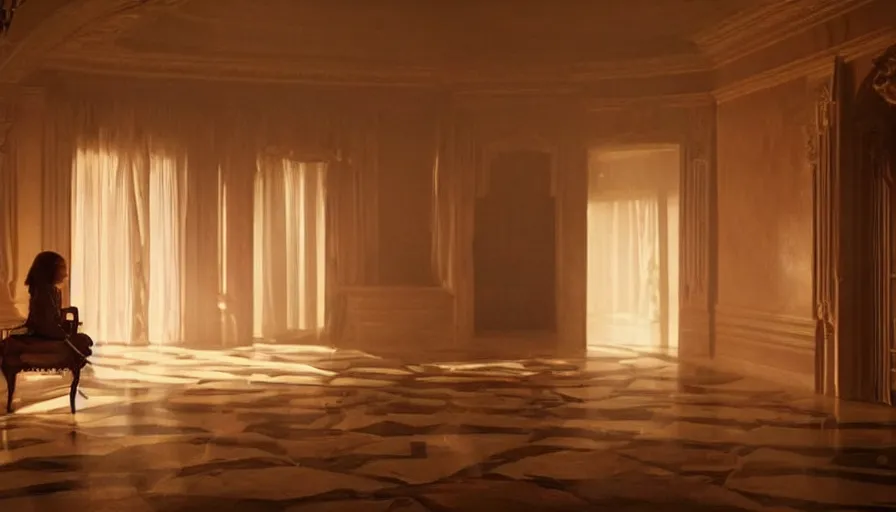 Image similar to movie still of beautiful interior, beautiful lighting, cinematography, color balance, empty