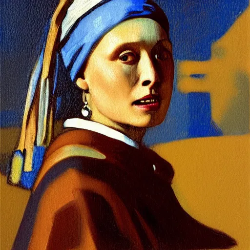 Prompt: painting of Elon Musk posed in the style of ‘Johannes Vermeer\'s girl with a pearl earring’ hyperrealistic, moody lighting, golden hour